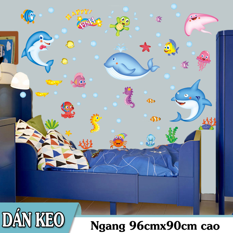 Decal trang trí tường - đàn cá xanh vui nhộn