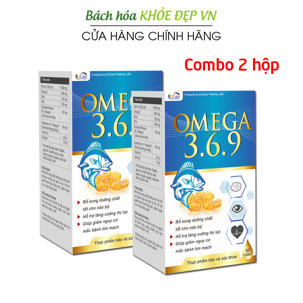 Combo 2 hộp Omega 369 Bổ não, Sáng mắt, Khỏe tim mạch cho người từ 6 tuổi - Hộp 60 viên Omega 1000mg, EPA 180mg, DHA 120mg