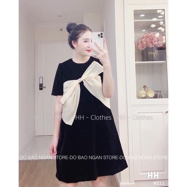 Đầm bầu đen nơ to chất đũi dáng xuông