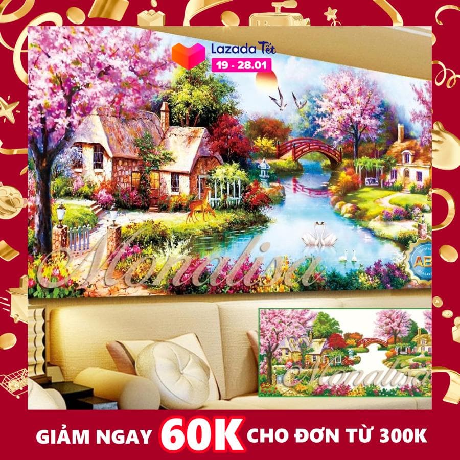 Tranh Gắn Đá Cao Cấp Tổ Ấm Hạnh Phúc Y8008 - KT:160x75cm. Bộ tranh tranh đính đá gồm: Vải thiên nhiên in màu. Sự kết hợp bởi những viên đá đa sắc, đa mặt cắt, lấp lánh như những viên kim cương.
