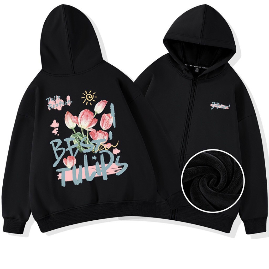 Áo Khoác Hoodie Cặp Đôi Nam Nữ Form Rộng Họa Tiết Hoa Tulips Có Nón Chống Nắng Cao Cấp