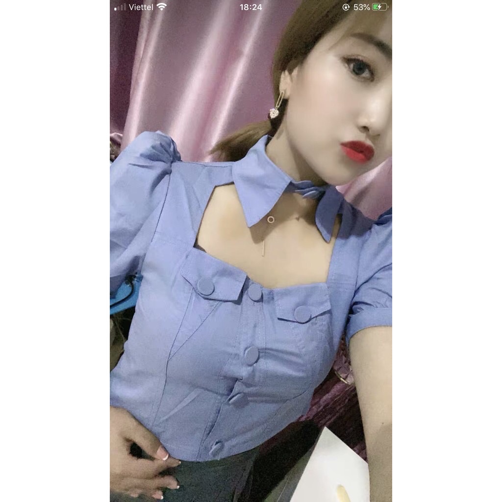 áo sơ mi kiểu cut out phần cổ ( CÓ KÈM ẢNH THẬT)
