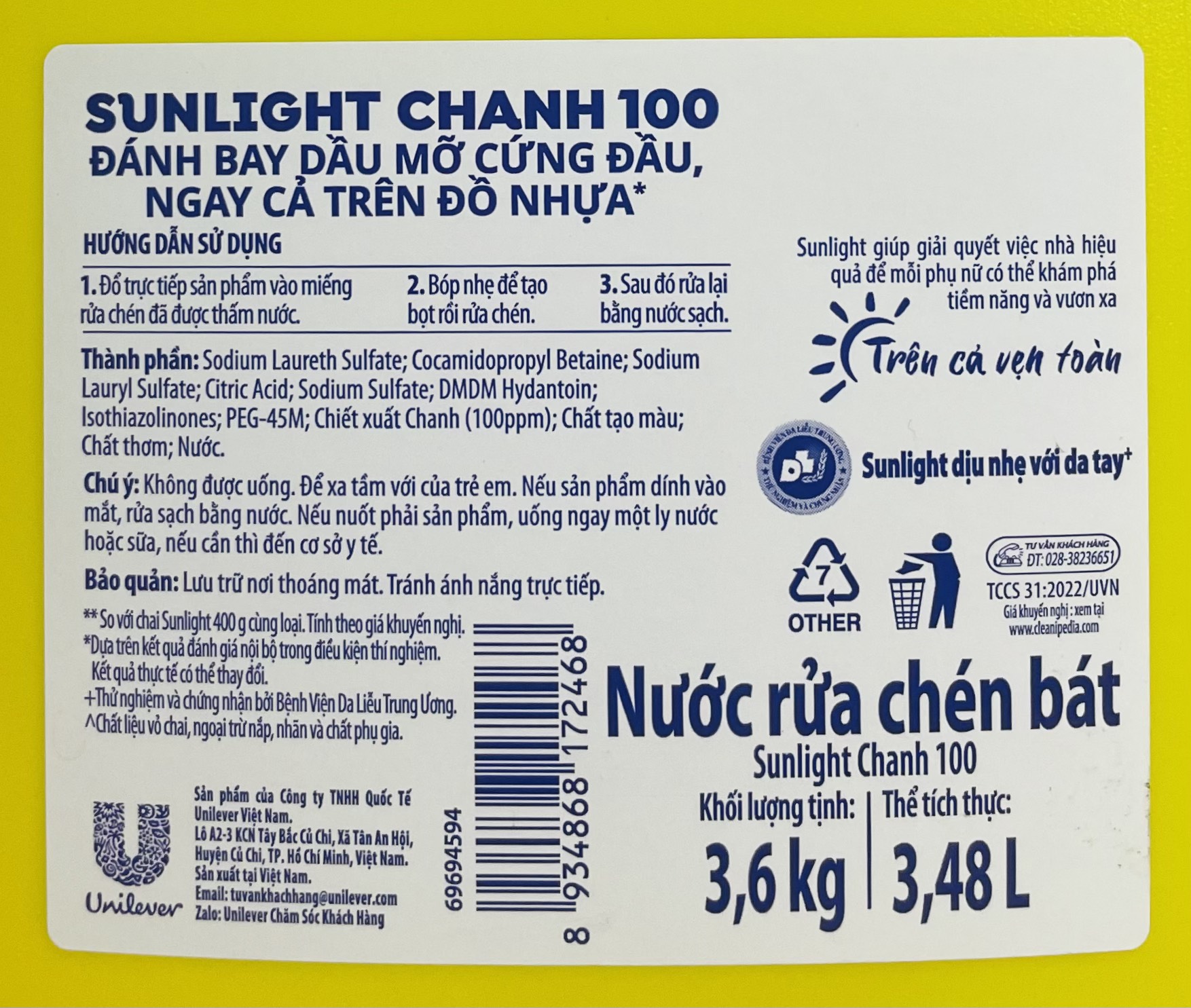 Nước rửa chén SUNLIGHT can 3,6KG - BACH HOA HV