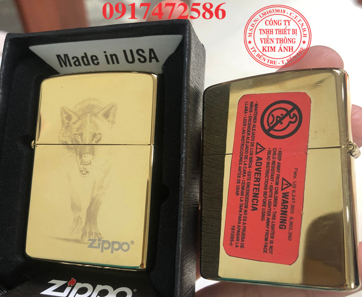 BẬT LỬA ZIPPO MÀU VÀNG HỌA TIẾT CHÓ SÓI - RUỘT TRẮNG