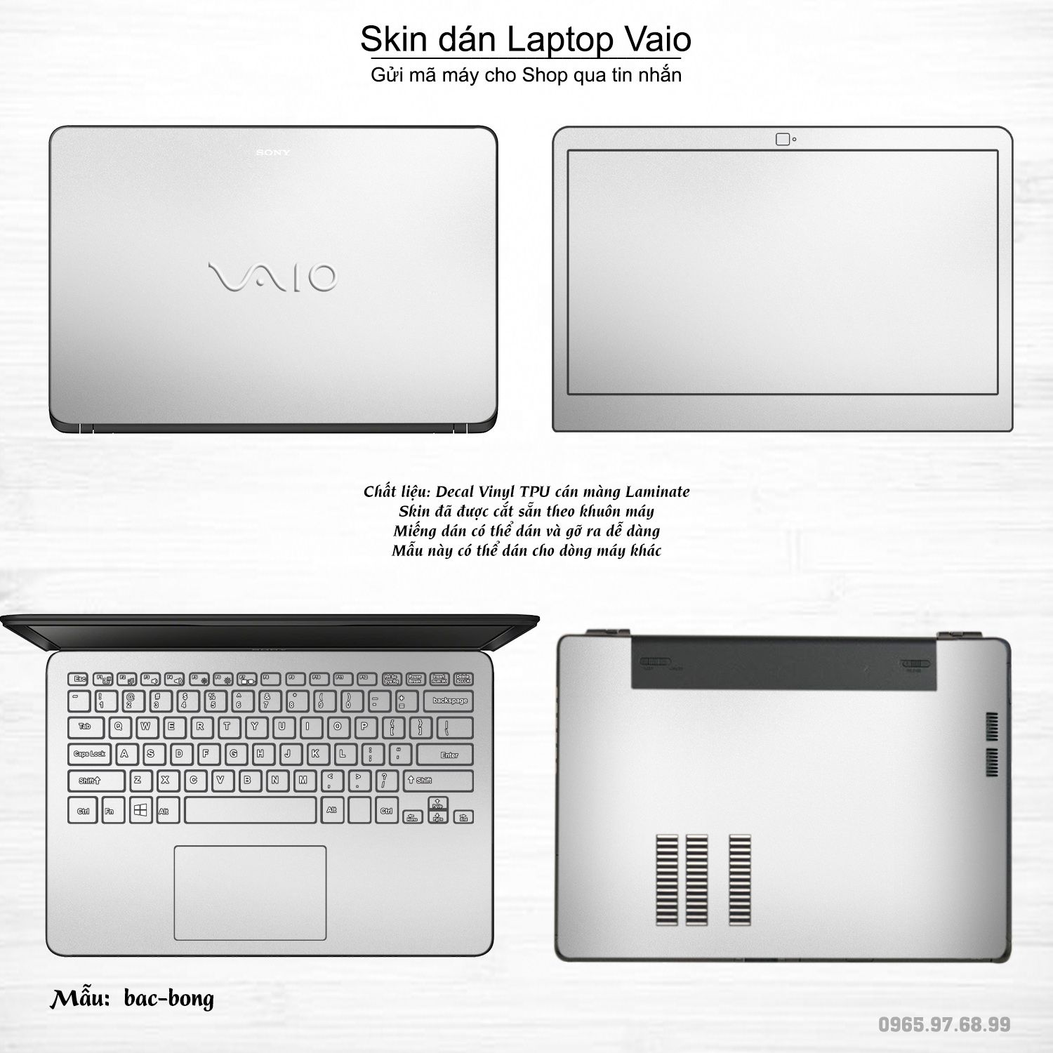 Decal Skin dán Laptop VAIO mẫu Aluminum Chrome bạc bóng (inbox mã máy cho shop)