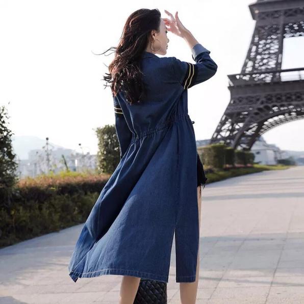 [HCM]ĐẦM JEAN XÒE PHỐI CARO CỔ SƠ MI EO DÂY RÚT