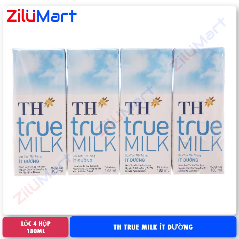 Lốc 4 hộp sữa TH True Milk ít đường loại 180ml