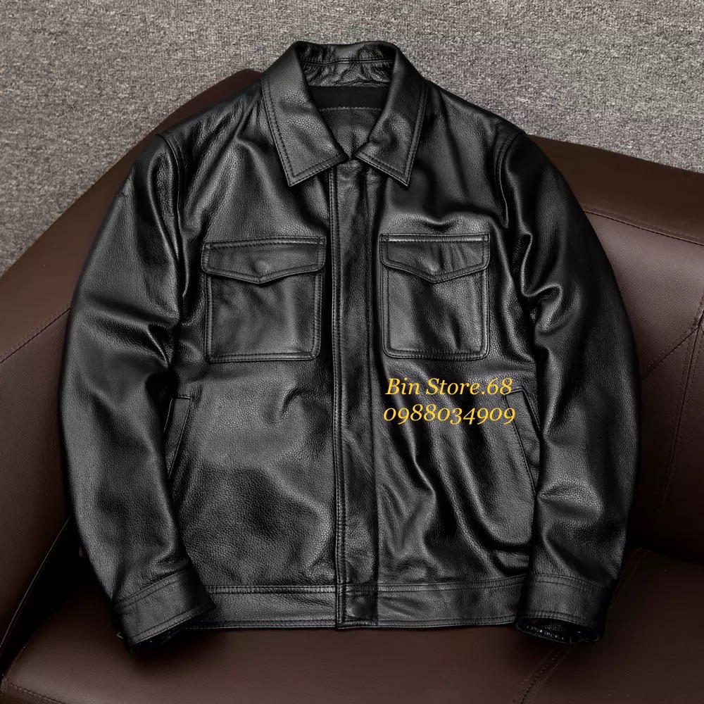 Áo da cổ bẻ túi hộp cổ điển