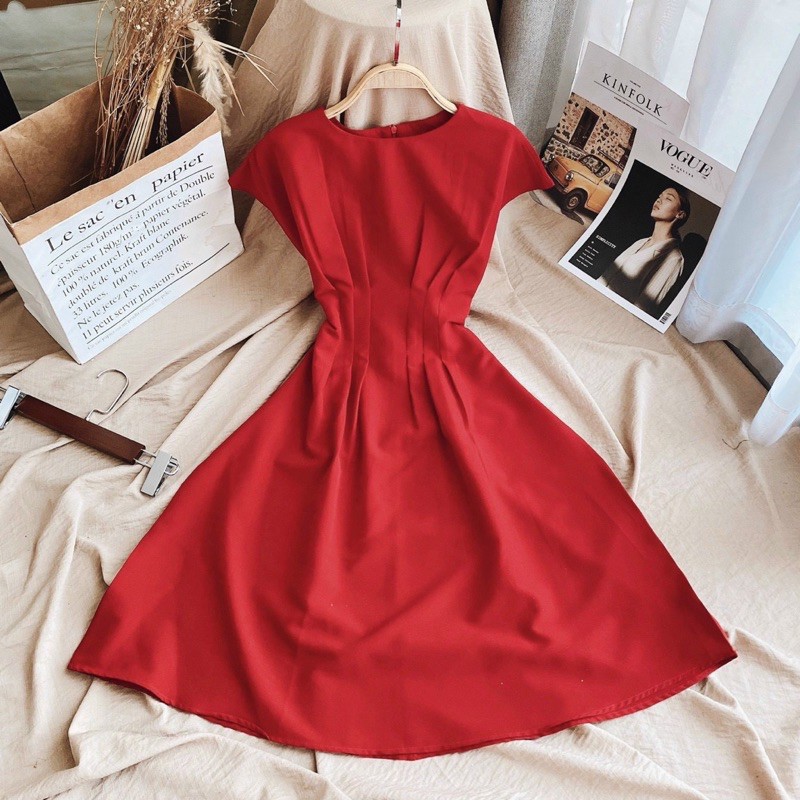 Đầm xếp li eo tay con 2 màu
