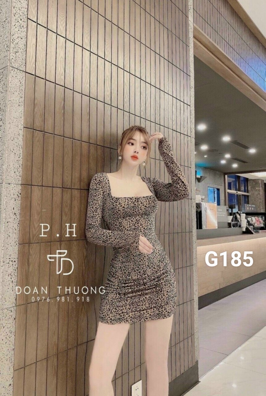 Đầm body nữ cổ u tay dài đan dây lưng dáng ôm da beo thun cao cấp g185