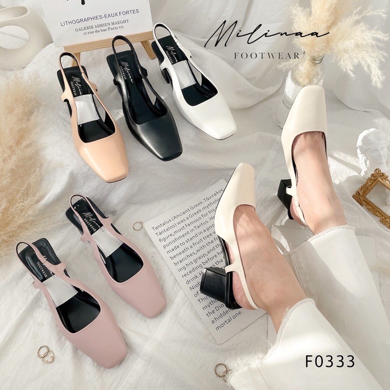 Cao gót slingback trụ năm phân bít mũi vuông f0333
