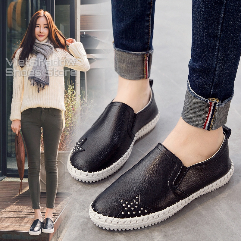 Slip on da nữ - Giày lười da nữ đế khâu - Chất liệu bò 2 màu (đen) và (trắng) - Mã SP 621