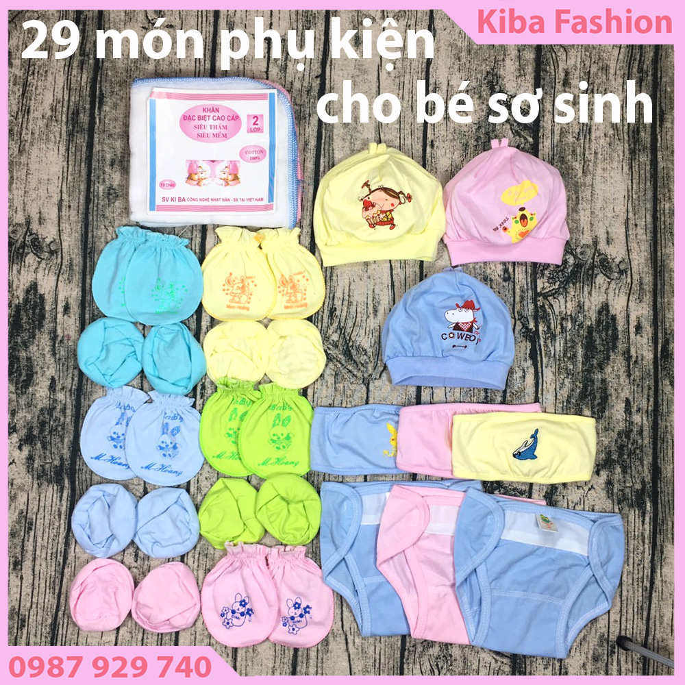 Set 29 Món đồ dùng cao cấp Cho Bé Sơ Sinh (Gồm 5 Bao Tay 5 Bao Chân 3Nón(mũ) 3 tá dán 3 mũ thóp 10 khăn sữa 2 lớp)