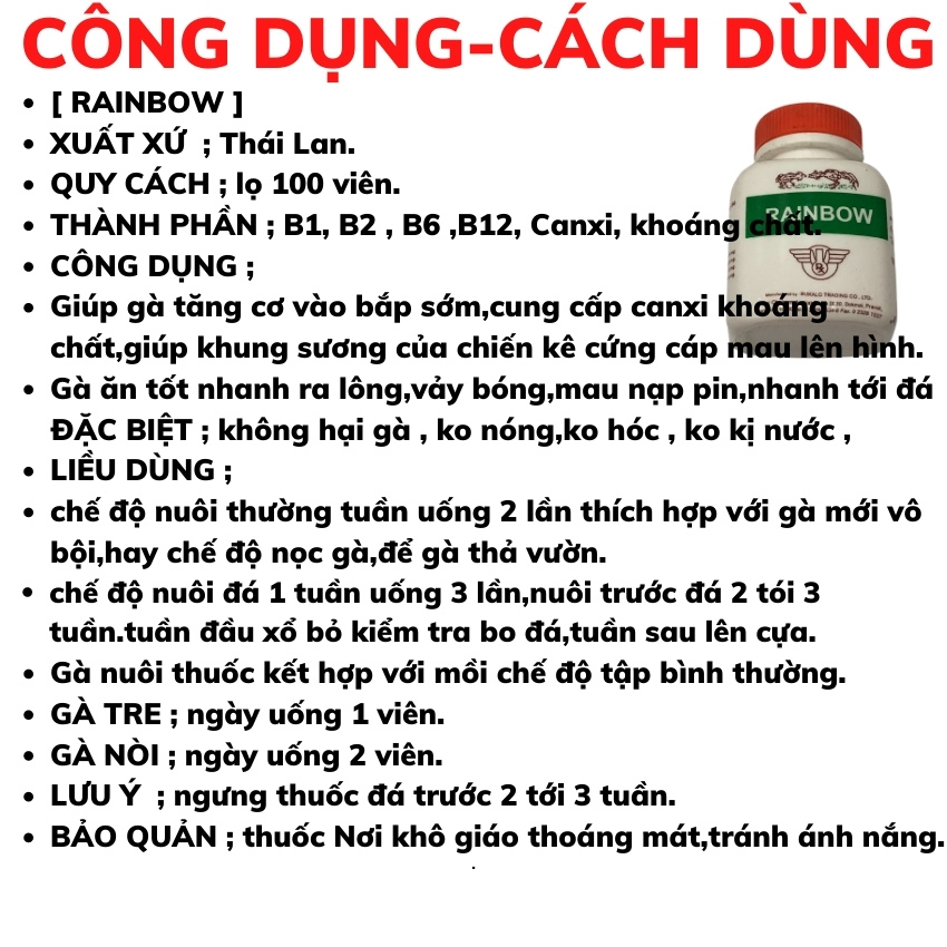TĂNG CƠ RAINBOW nuôi gà đá lọ 100 viên