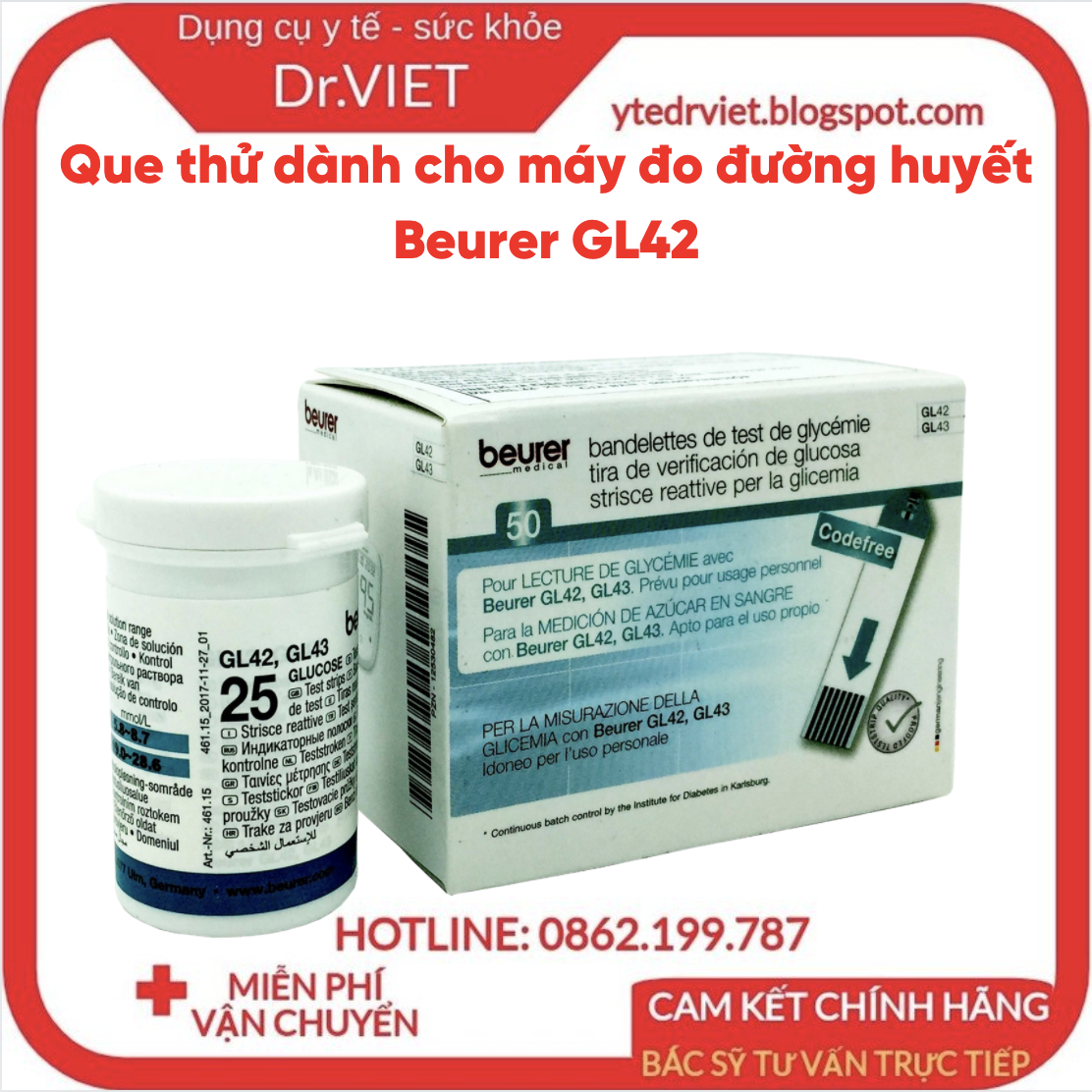 Test strips for glucose Beurer GL42, GL50 main hãng-xuất German origin, blood collection no pain help users have no sense of every time use, don't lose much blood when used, blood glucose measurement precision, minimalist styling