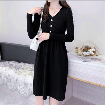 VÁY LEN QUẢNG CHÂU DÁNG DÀI cổ V DÀI TAY (FREESIZE 45kg-58kg)