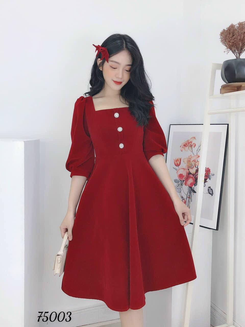 ĐẦM XÒE DỰ TIỆC CỔ VUÔNG PHỐI NÚT DỄ THƯƠNG