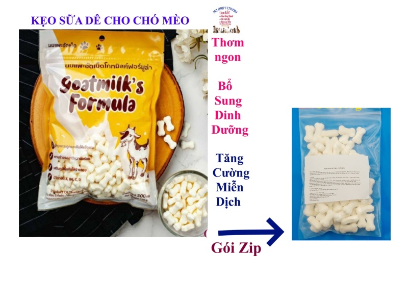 Kẹo sữa dê cho Chó Mèo Gói zip Thơm ngon Bổ sung dinh dưỡng Tăng cường miễn dịch Tốt cho tiêu hóa Xuất xứ Thái lan