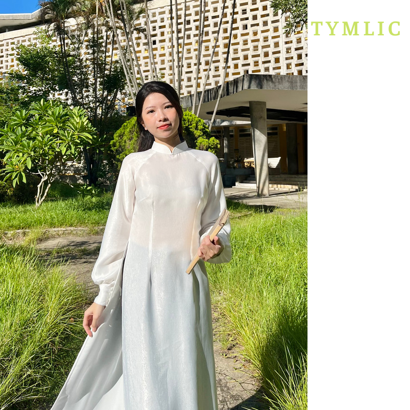 Áo Dài Lụa Tay Phồng Nút Ngọc Màu Trắng TYMLIC (Không kèm quần)