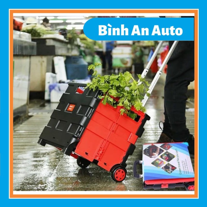 Thùng đựng đồ gấp gọn Vali kéo đa năng 45L màu đỏ đen- Dùng trên ô tô, đi siêu thị, di chuyển đồ nặng