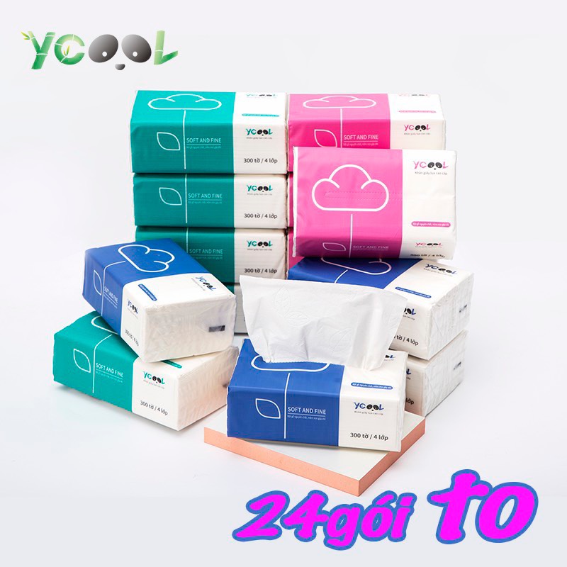 Giấy ăn lụa YCOOL khăn giấy rút đa năng trắng tự nhiên 300 tờ 4 lớp 24 gói