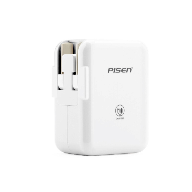 Cốc sạc 2 cổng Pisen TS-C070 tích hợp 1 USB 1A và 1 USB 2.4A - thiết kế chân gập tiện lợi (Trắng) Nhất Tín Computer
