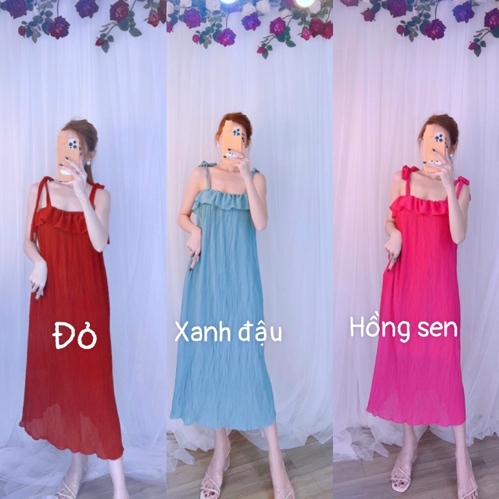 Đầm maxi hai dây cột nơ vai+  ảnh thật mẫu mặc