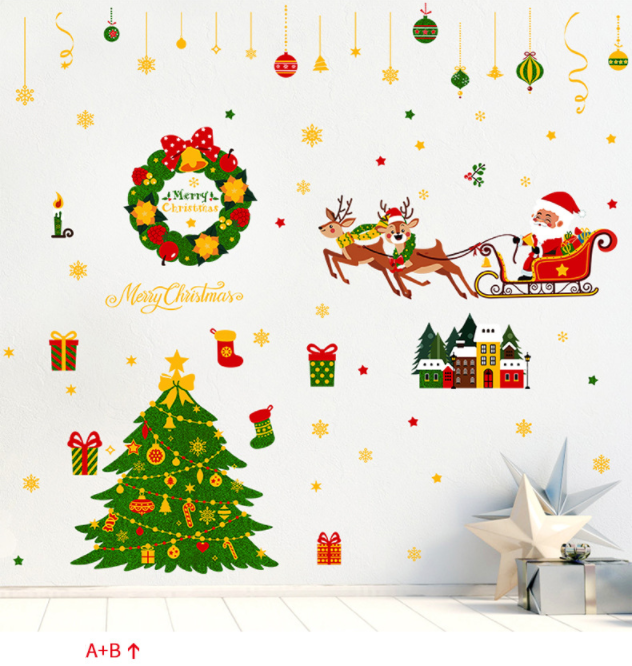 Decal dán tường trang trí Noel - Đôi tuần lộc cùng thông xanh nhà nhỏ xinh