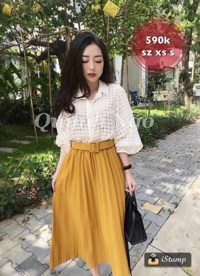 Chân váy xếp ly dáng dài kèm đai ( đai lỗ)