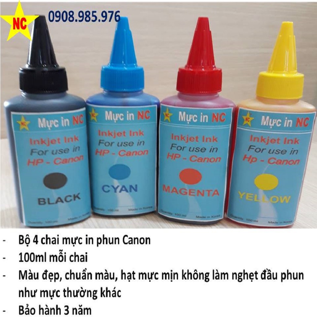 Bộ 4 chai mực máy in phun màu Canon Pixma G1010, ip 2700, ix 6770, g2010, e 560, ix 6860, g3010. Chai mực in phun màu Canon