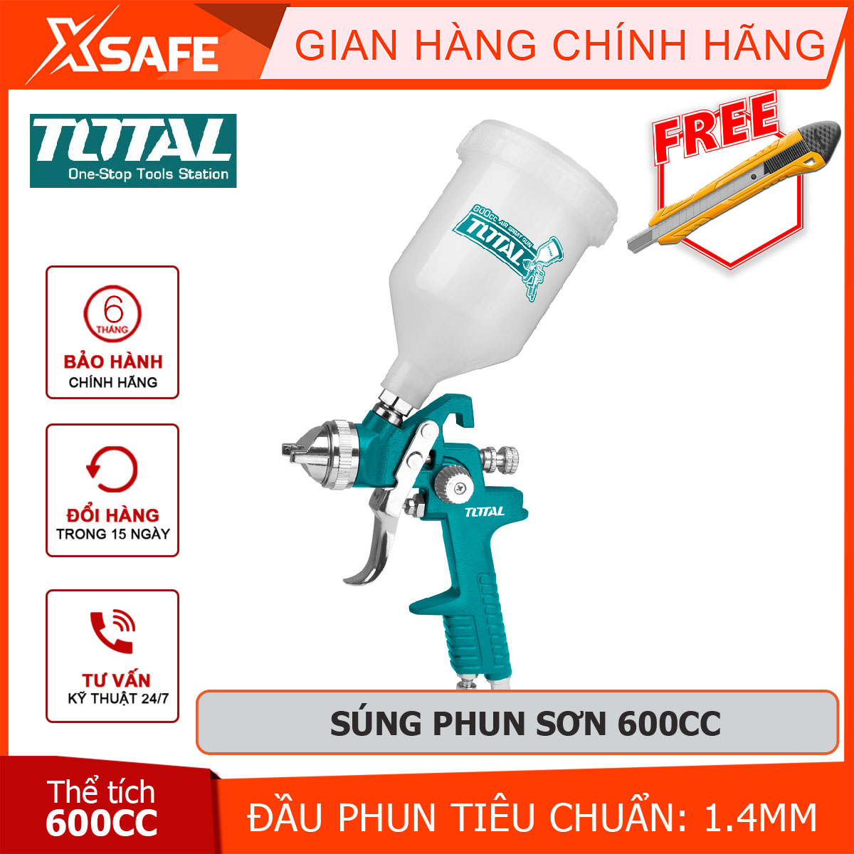 Súng phun sơn total tat10601 dụng cụ phun sơn 1.4mm, chiều rộng bình 180-250mm, 600cc, 4.2-7.1cfm phun sơn mịn, đều, tiện lợi sơn gỗ, sơn ô tô, nội thất, xe máy, ngành da, nhựa