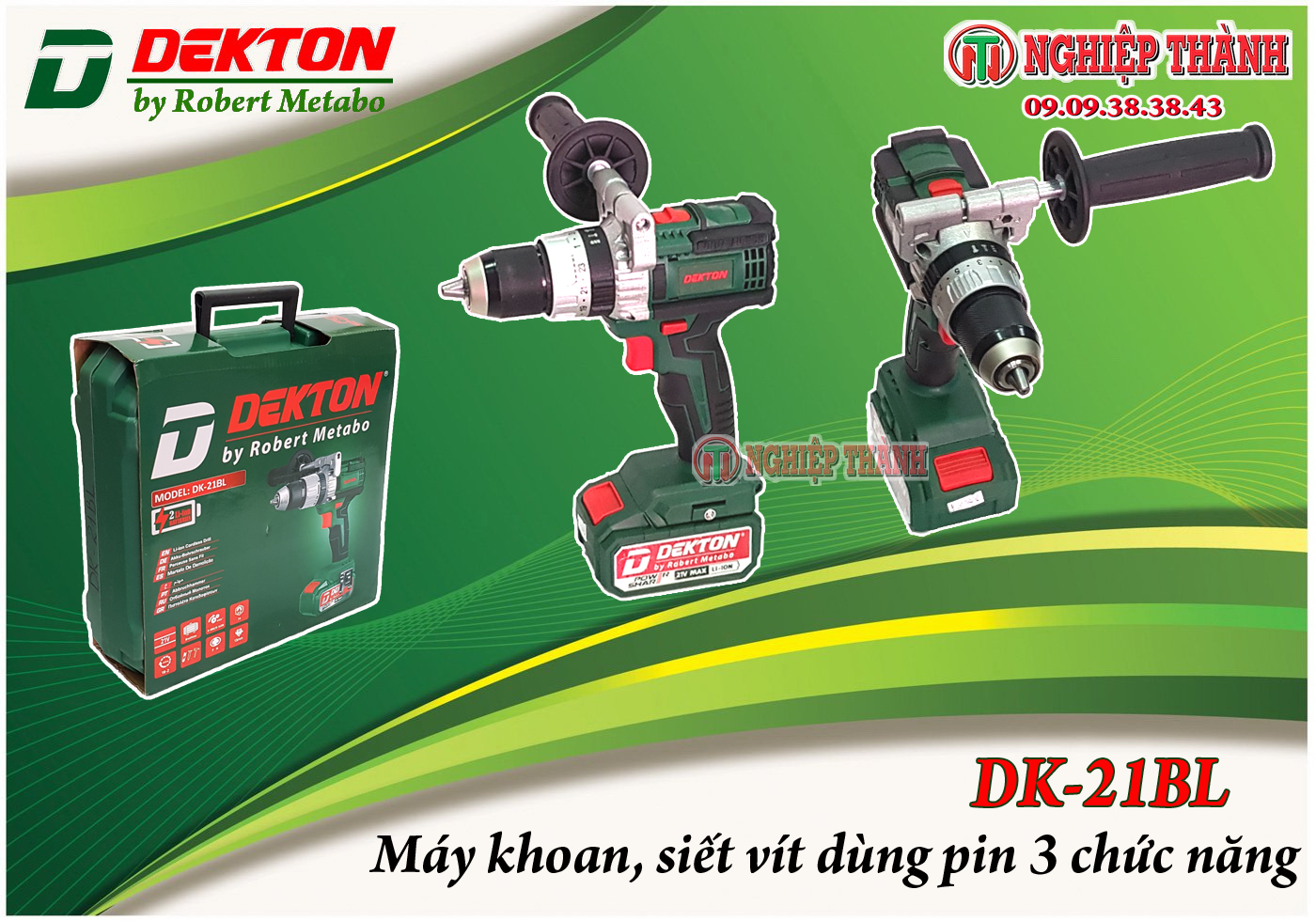 Máy khoan, siết vít Pin 21v Dekton DK-21BL (2 pin, motor không chổi than, có búa)
