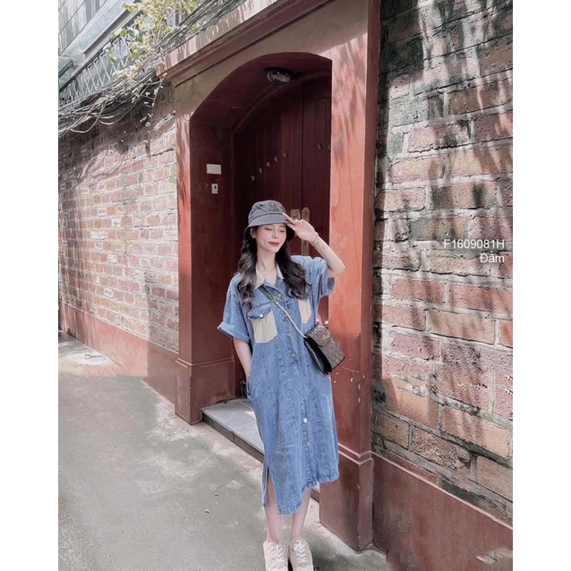 Đầm jeans xanh túi hộp phối màu