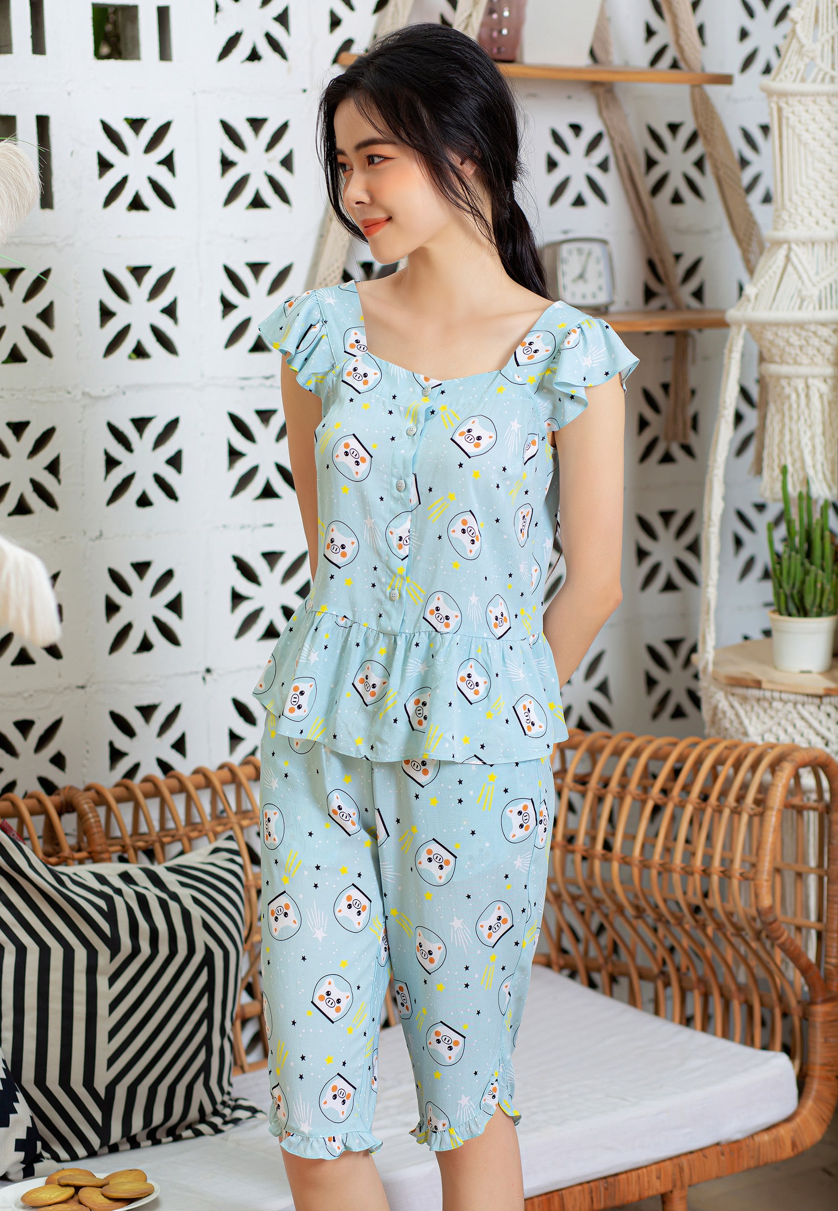 Bộ lửng lanh lụa xanh gấu Mila 20LHL055XA