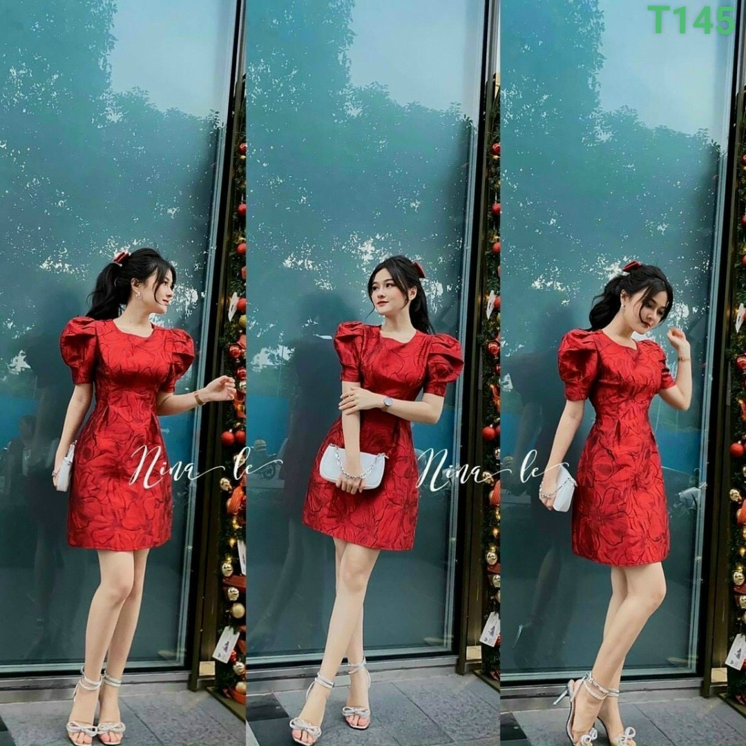 [HCM]đầm xòe gấm cao cấp tay phồng