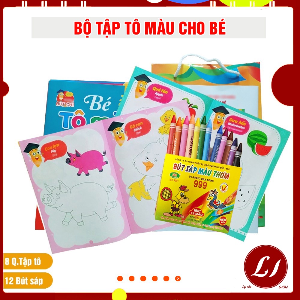 Bộ tập tô cho bé: Hộp 12 sáp màu và Set 8 tập tô màu cho bé 3-4 tuổi