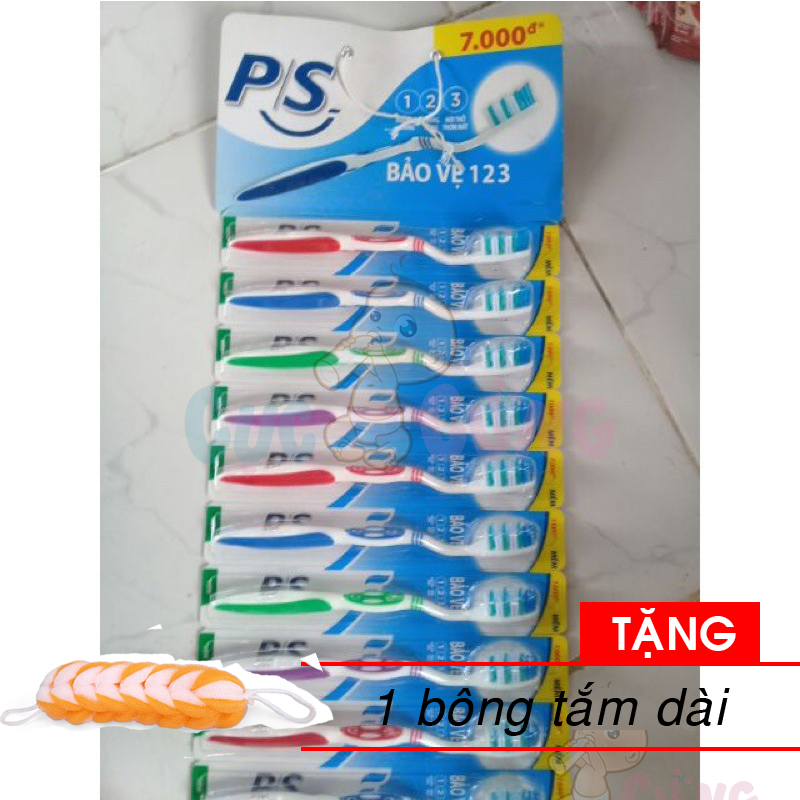 Set 12 cây bàn chải đánh răng P/S 123 bảo vệ Tặng 1 bông tắm màu ngẫu nhiên