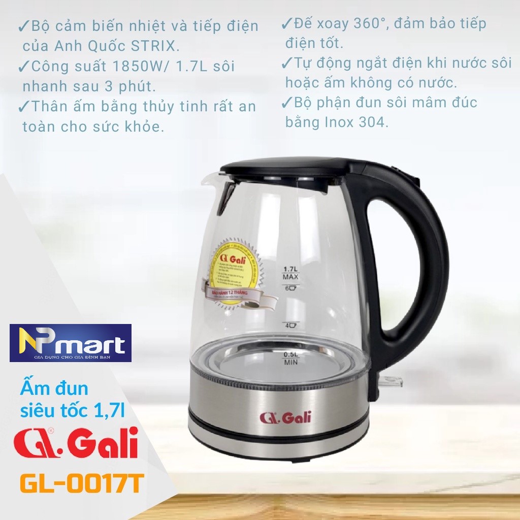 Bình đun siêu tốc gali gl-0017t thủy tinh 1850w 1.7l