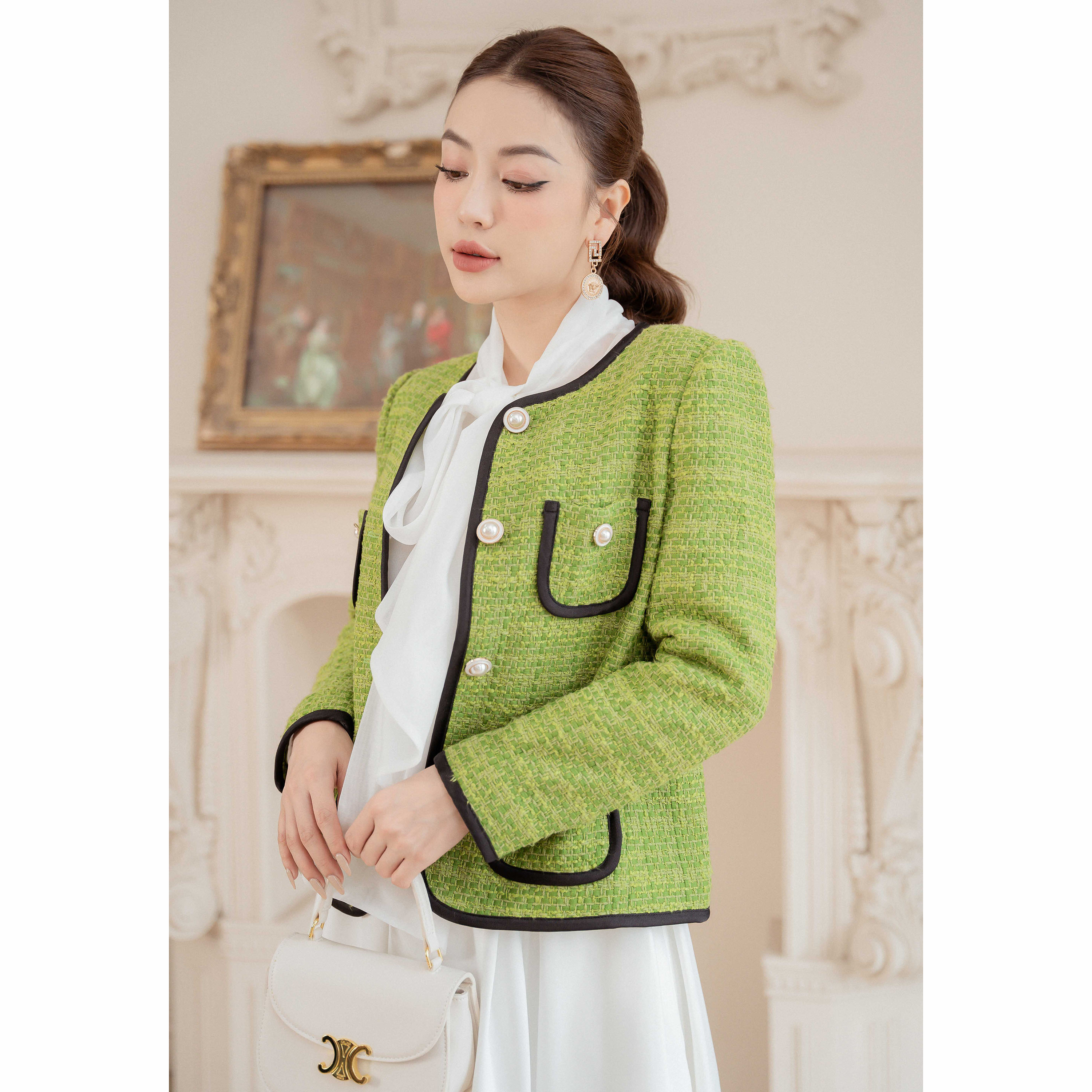 Áo Vest dạ tweed xanh cổ tròn SIXDO (Green Nuggets Tweed Vest)