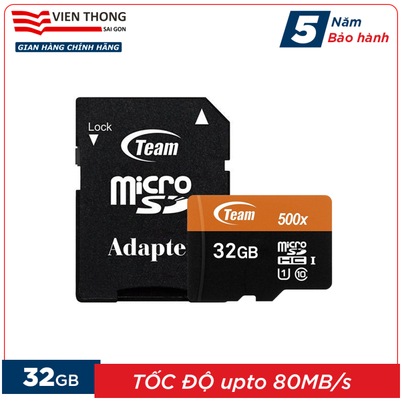 Thẻ nhớ 32GB microSDHC Team 500x upto 80MB/s class 10 U1 kèm Adapter (Cam) - Hãng phân phối chính thức (PT)