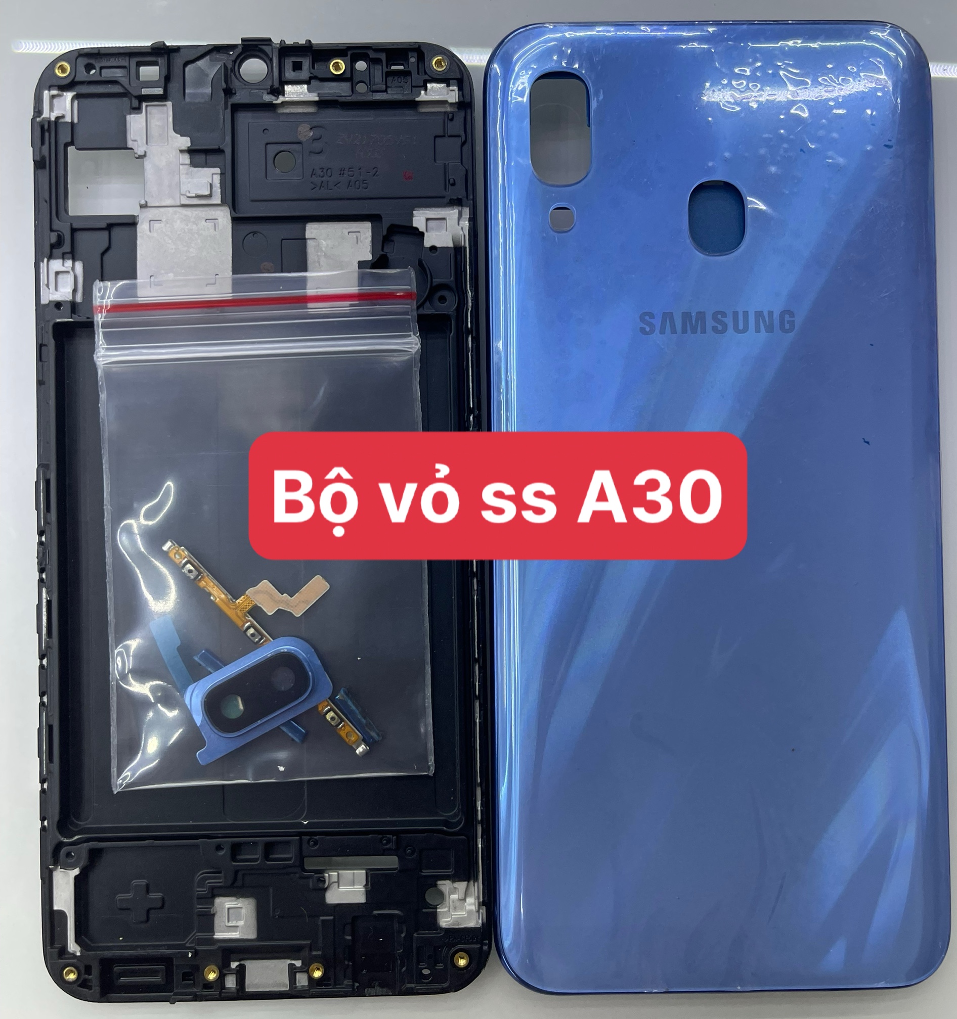 Bộ vỏ sam sung A30 ZIN(GỒM SƯỜN,LƯNG,KÍNH CAM,PHÍM BẤM)