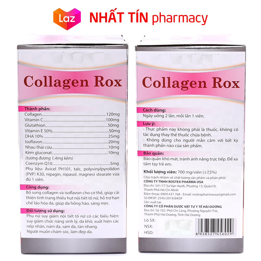 Viên uống đẹp da Collagen Rox bổ sung Vitamin E C chống lão hóa ngừa nếp nhăn - Hộp 60 viên dùng 30 ngày