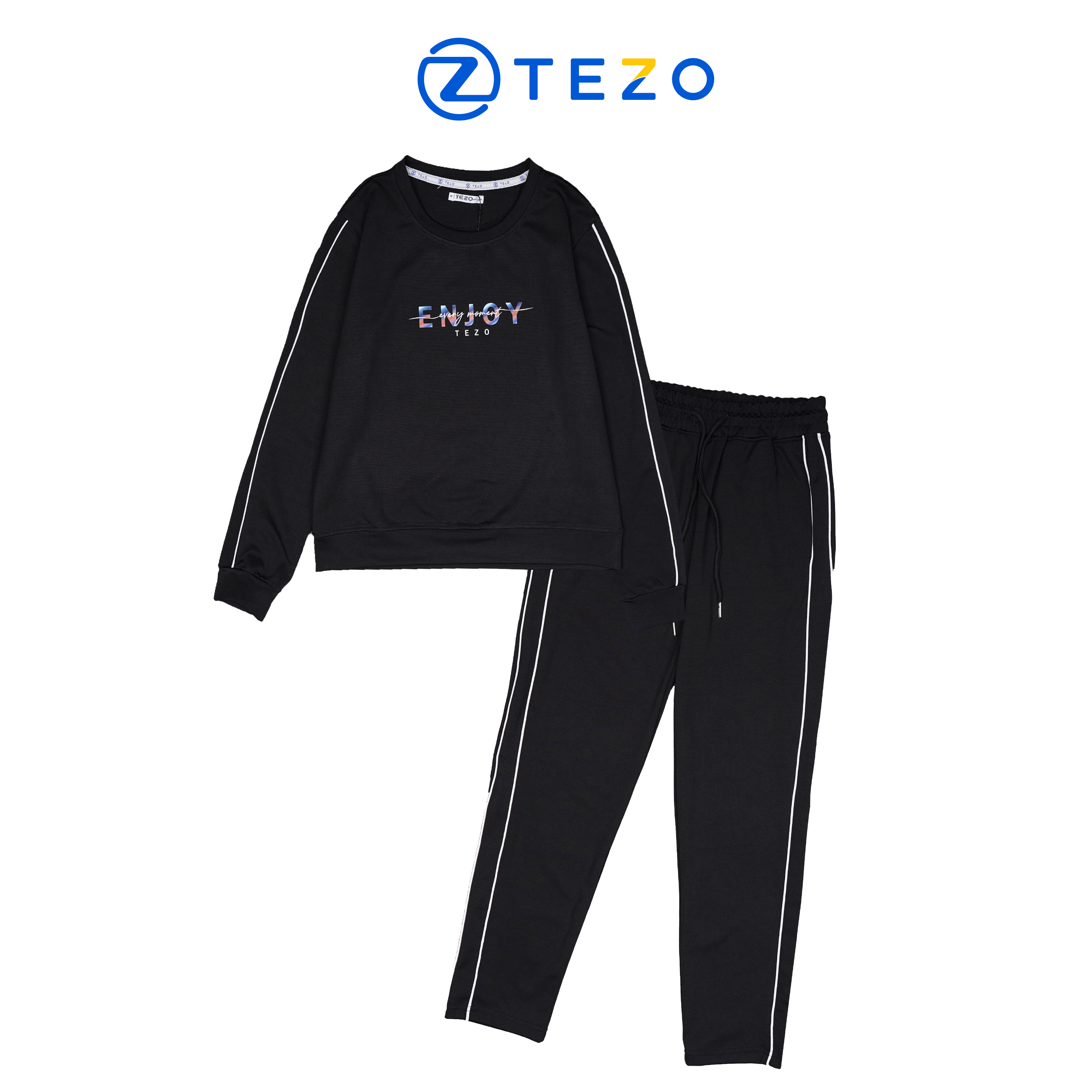 Bộ nỉ nữ tezo áo nỉ quần nỉ nữ thiết kế cổ tròn in hoạ tiết chữ enjoy 22anot006 - tezo official