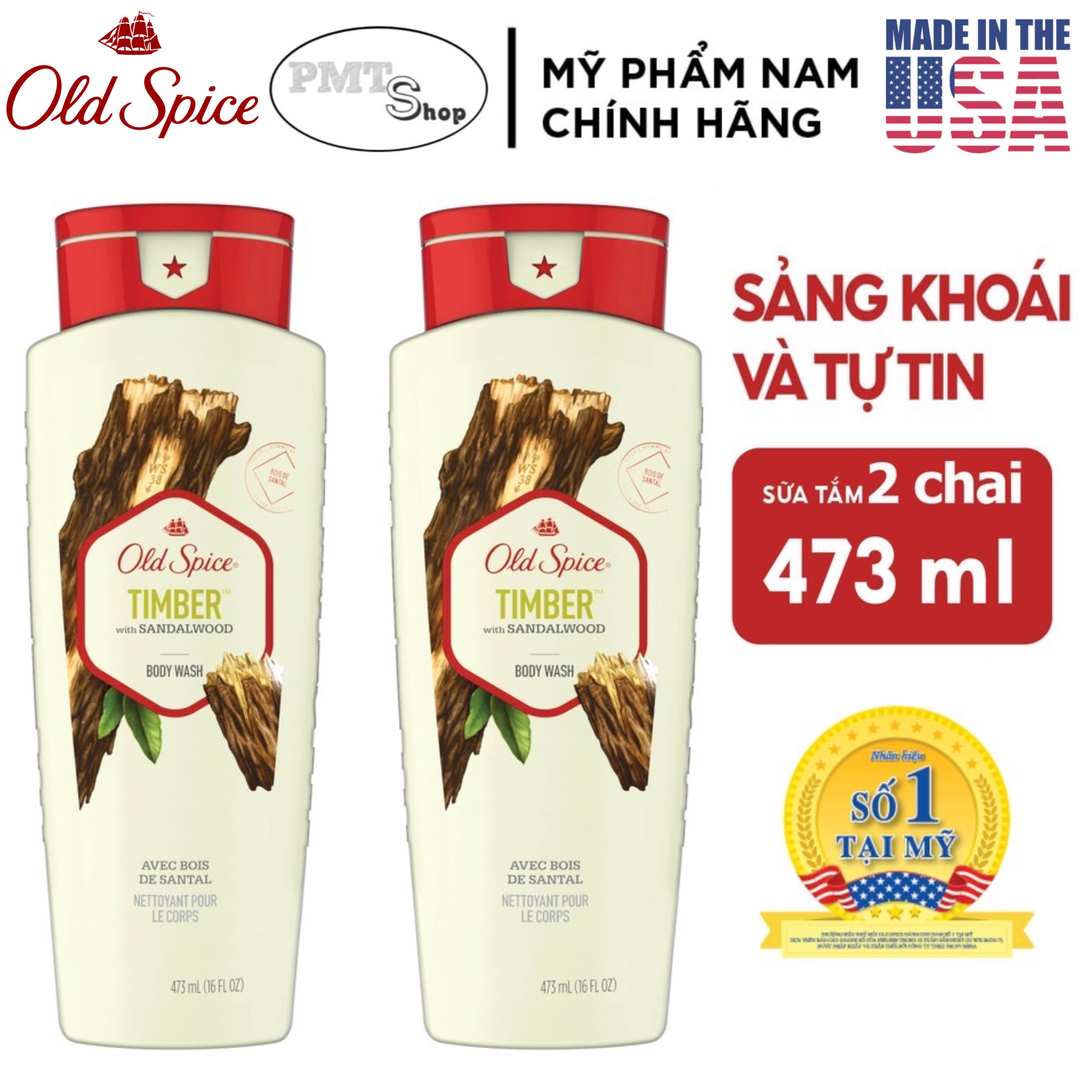 [USA] Combo 2 sữa tắm nam Gel Old Spice Timber with Sandalwood 473ml x 2 chai Fresher Collection - Mỹ