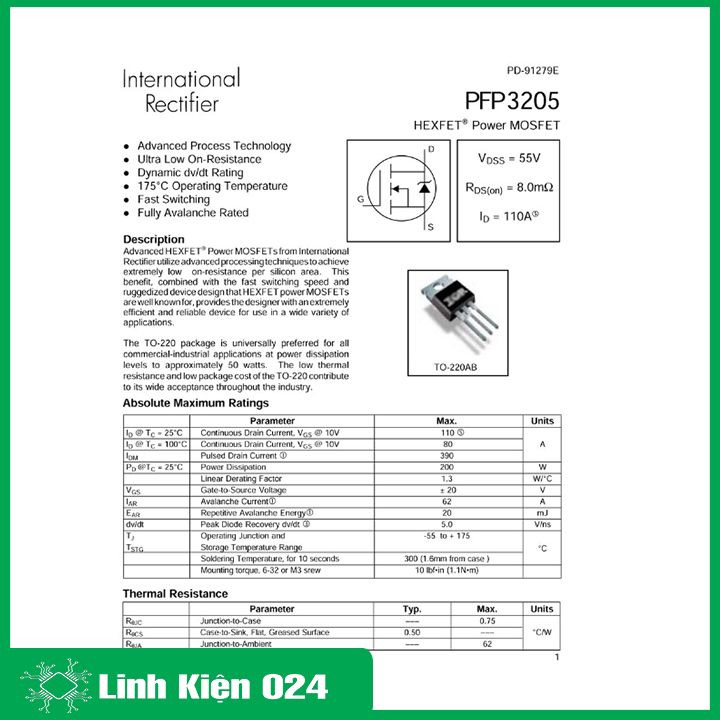 (XẢ HÀNG) Mosfet  IRF3205 TO-220 hàng Zin