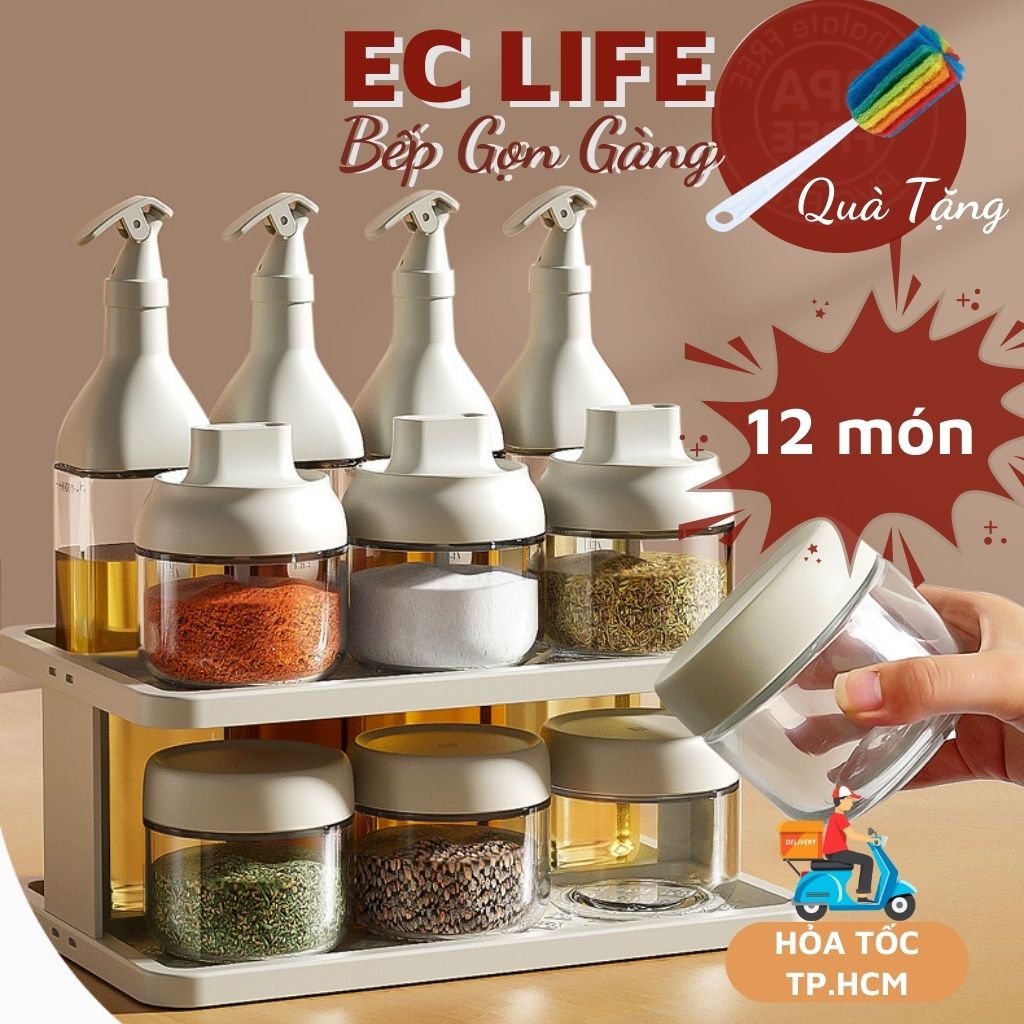 Bộ hũ đựng gia vị chai đựng dầu ăn kệ đựng gia vị bộ 12 món bằng thủy tinh kín hơi chắc chắn EC Life 0108