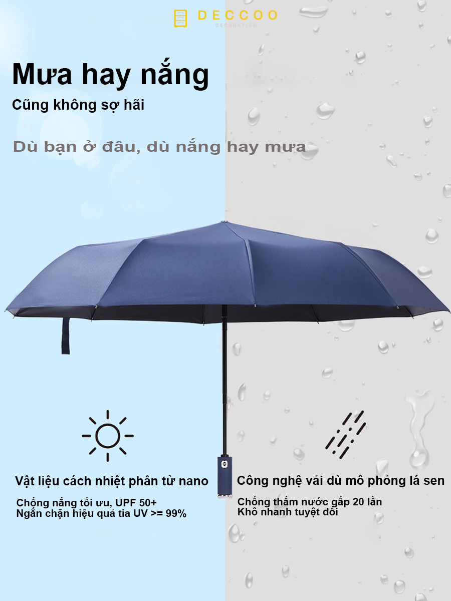 Dù Gấp Gọn Có Đèn Pin Đi Đêm, Ô Che Mưa Che Nắng 10 Nan Nút Mở Tự Động, Ô Gấp Gọn Chống Lật Kích Thước To.
