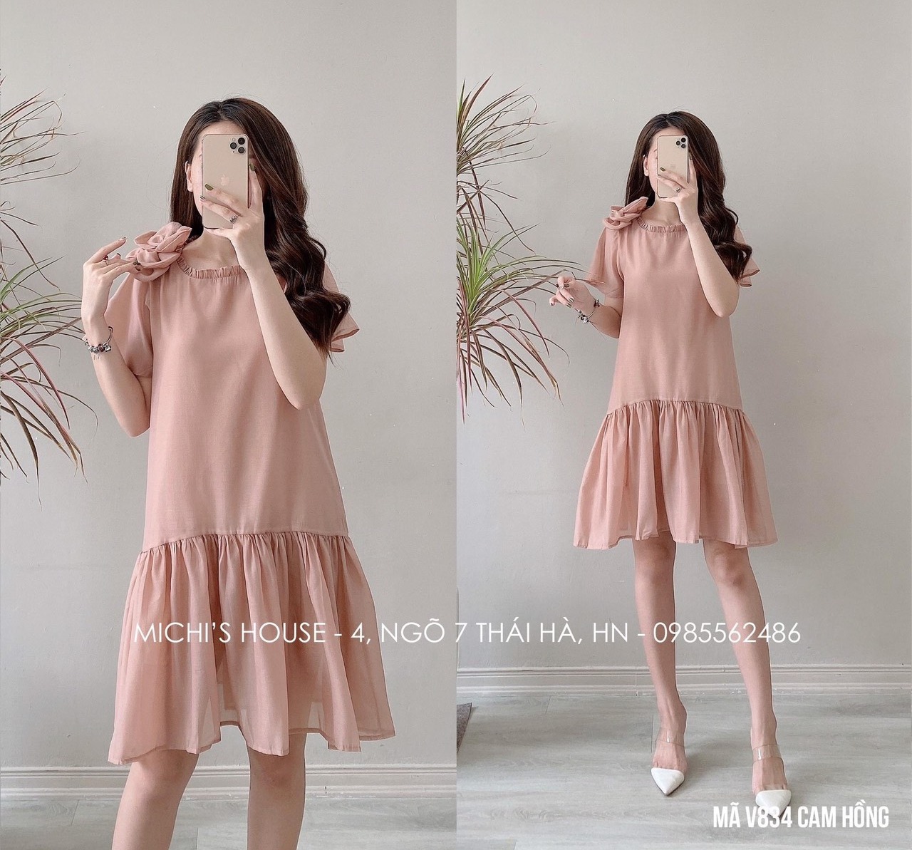 Váy suông babydoll 3 tầng, cổ V, đầm xuông rộng freesize, tay bo phồng buộc nơ