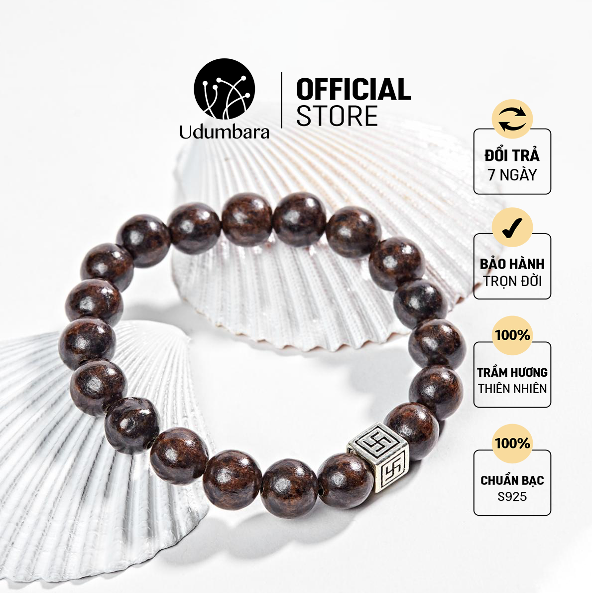 Vòng tay trầm hương nam charm bạc 925 chữ vạn vuông tự nhiên phong thủy Udum