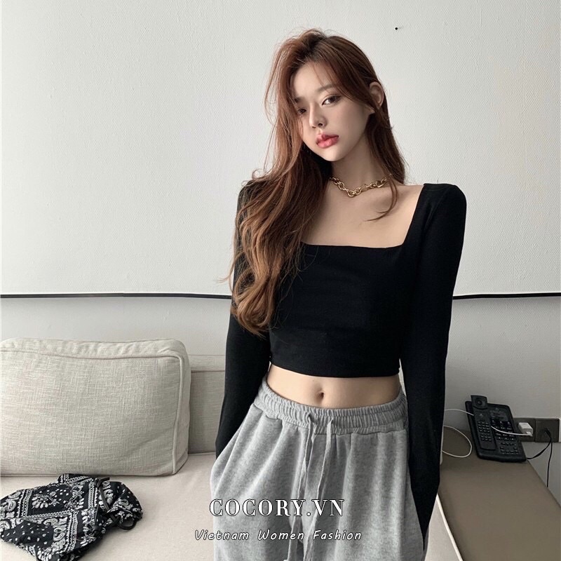 Áo thun kiểu croptop tay dài cổ vuông
